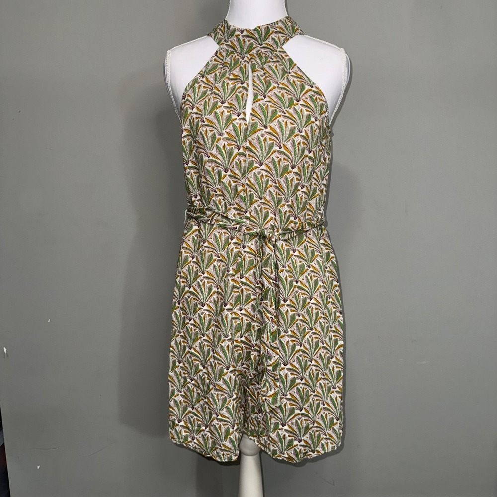Anthropologie Women Green Tropical Palm Leaf Halter Keyhole Shorts Romper XS